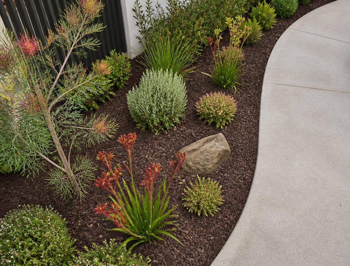 Freshly mulched waterwise native garden bed at a Fremantle property