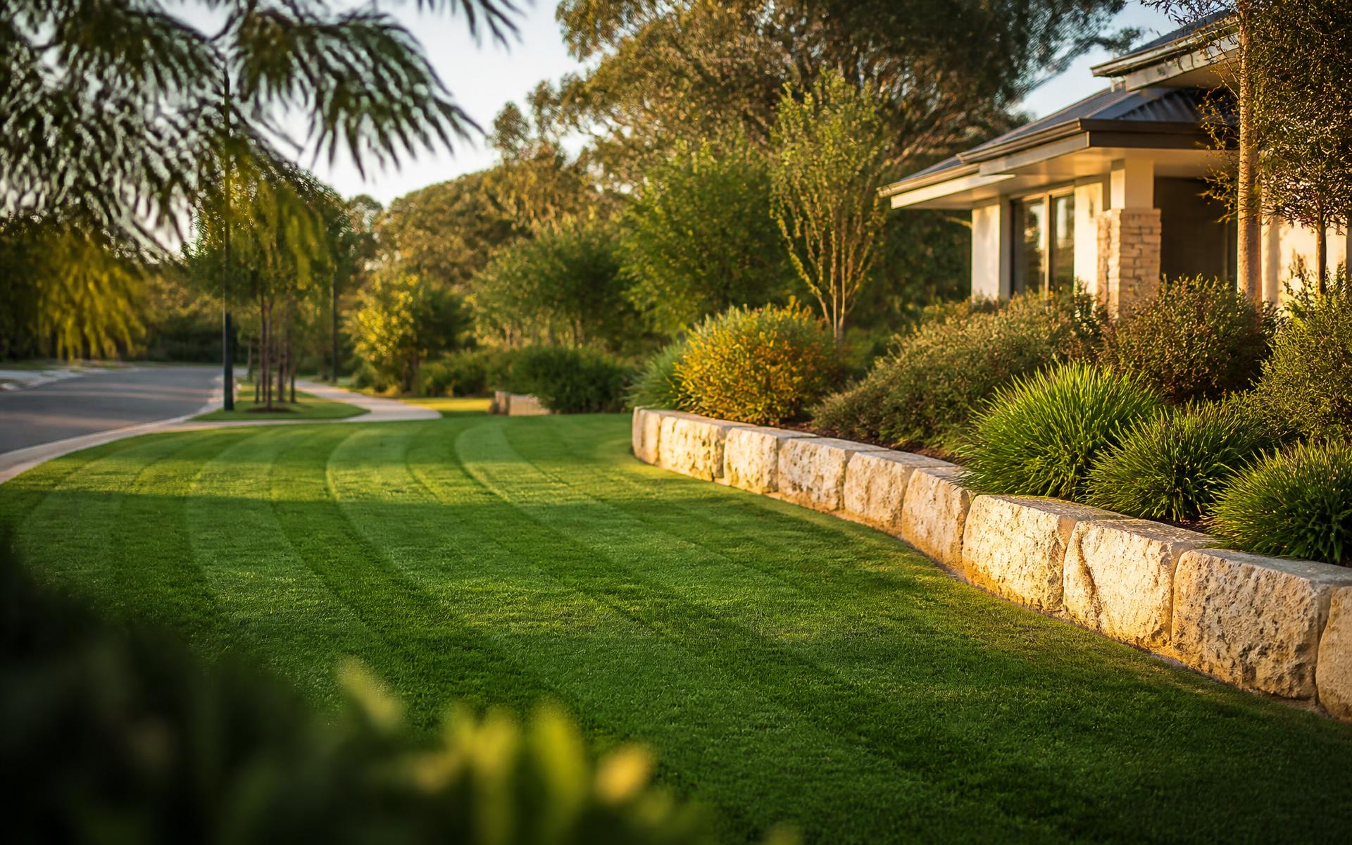 Freshly mowed lawn and native garden bed at a Fremantle home